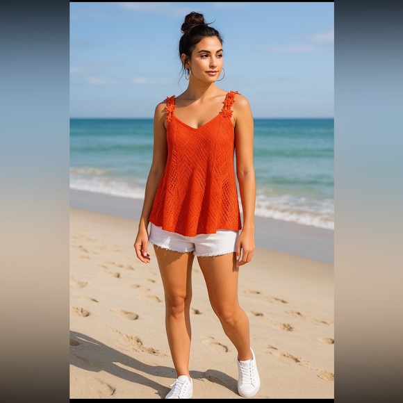 Chicme Orange Lace Tank Top Size Large Floral Shoulder Lined Flowy Summer V-Neck - Picture 1 of 5